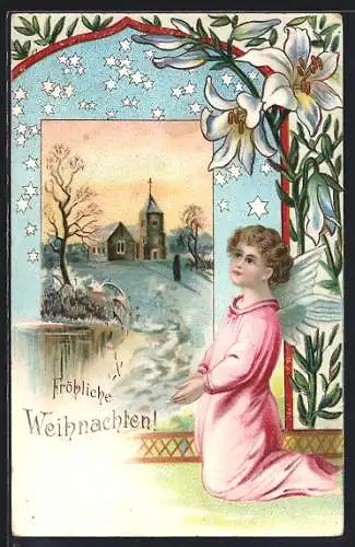 AK Weihnachtsengel kniend im Gebet, Winterliches Dorf