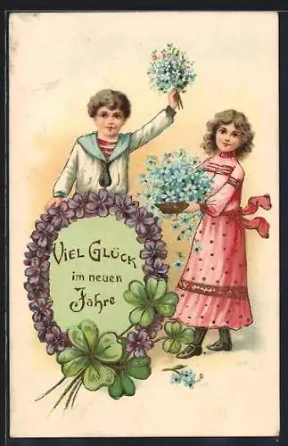 Präge-AK Neujahrsgruss, Kinder mit Kleeblättern und Vergissmeinnicht