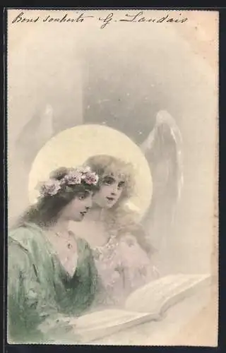 AK Singende Weihnachtsengel mit Blumenkranz und Noten