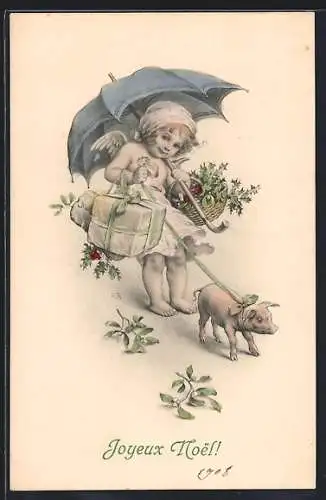 AK Kleiner Weihnachtsengel mit Geschenken und Ferkel