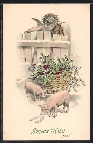 AK Weihnachtsengel beobachtet zwei Ferkel, Hufeisen