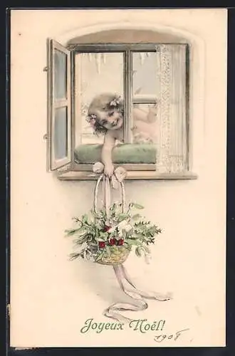 AK Weihnachtsengel mit Korb und Mistelzweig am Fenster