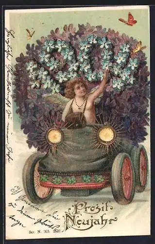 Präge-AK Prosit Neujahr, Neujahrsengel im Auto und Jahreszahl 1904 aus Veilchenblüten