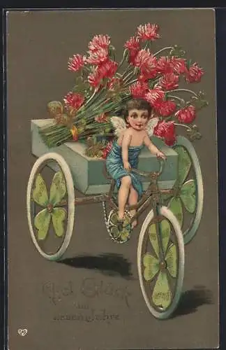 Präge-AK Engel fährt ein Fahrrad mit Kleeblatt-Rädern