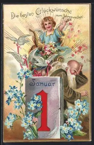 Präge-AK Neujahrsengel mit Tauben, Füllhorn und Kalenderblatt