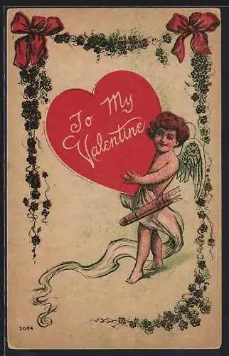 AK Valentinstag, Amor mit rotem Herz und Girlande