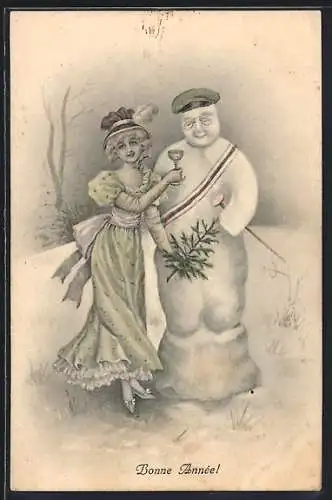 AK Dame und ein Schneemann mit Sektglas, Bonne Année