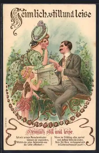 Präge-AK Wir tanzen Ringelreih`n, Amor steht bei einem Händchen haltenden Liebespaar im Garten