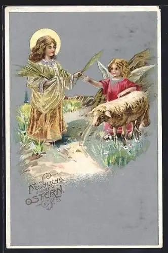 AK Osterengel und Schaf auf einem Feld, Fröhliche Ostern