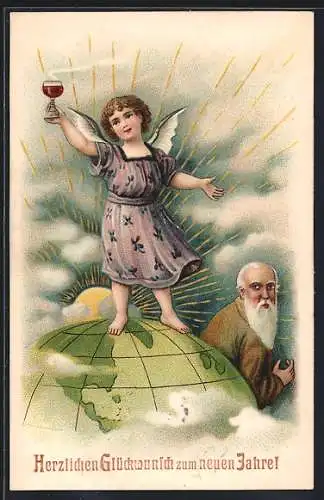Präge-AK Neujahrsengel mit Weinglas steht auf einer Weltkugel, Neujahrsgruss