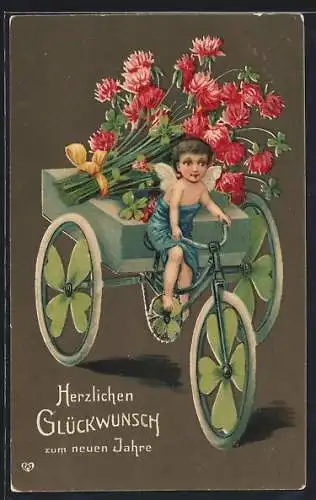 Präge-AK Neujahrsengel fährt auf einem Fahrrad mit Kleeblatt-Rädern