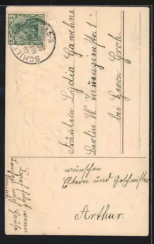 Präge-AK Neujahrsengel fährt auf einem Fahrrad mit Kleeblatt-Rädern