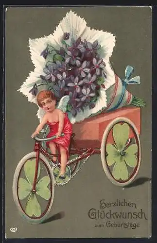 AK Geburtstag, Engel fährt auf einem Fahrrad mit Kleeblatt-Rädern
