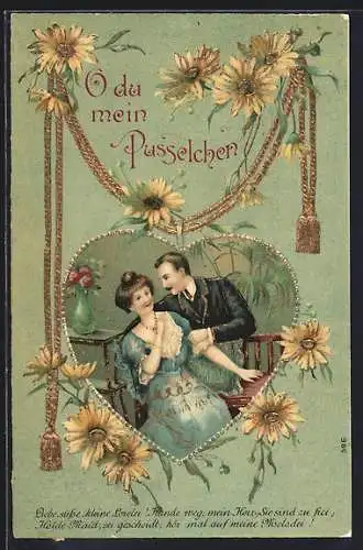Präge-AK Liebespaar, Ansicht eines verliebten Paares in einem Herz