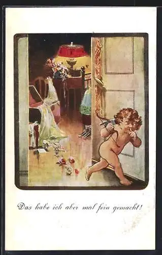 Künstler-AK Amor schleicht sich aus dem Zimmer eines Paares