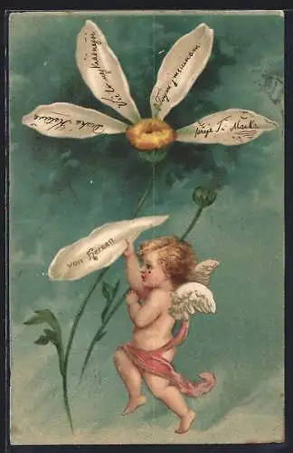 Präge-AK Kleiner Engel zupft Blatt von einer Blume ab