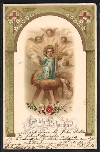AK Weihnachtsengel schweben über dem Christkind in der Krippe