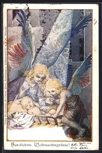 AK Weihnachtsengel betrachten das schlafende Christkind