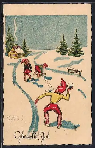 Künstler-AK Zwerge bewerfen sich mit Schneebällen, Glaedelig Jul