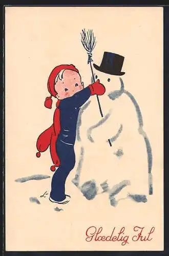 Künstler-AK Zwerg baut einen Schneemann, Glaedelig Jul