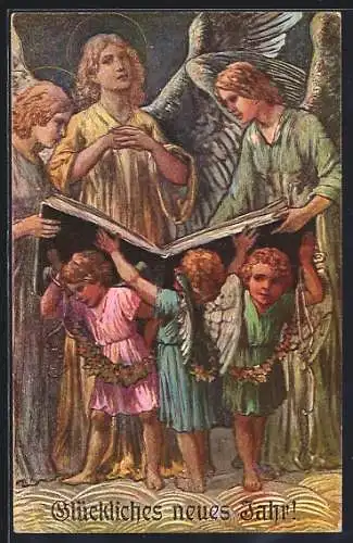 AK Neujahrsengel halten Notenbuch für singende Engel