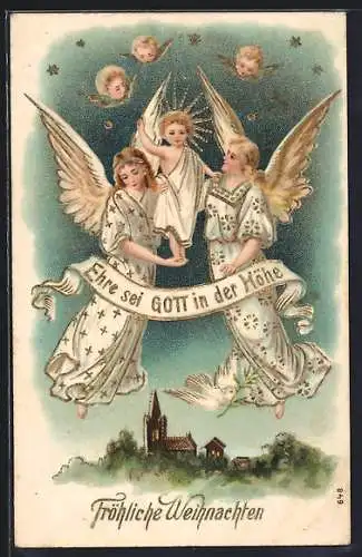 Präge-AK Weihnachtsengel über einem Dorf, Ehre sei Gott in der Höhe