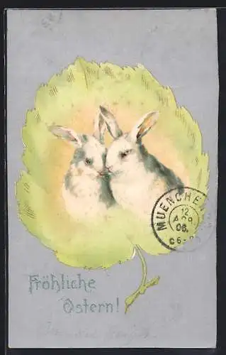 AK Zwei Osterhasen auf einem Blatt