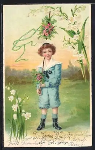 Präge-AK Knabe in Matrosenkleidung mit Blumen & Goldverzierungen, Geburtstag