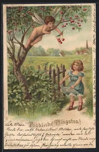 Präge-AK Kleines Mädchen erhält Kirschen von einer Fee zu Pfingsten