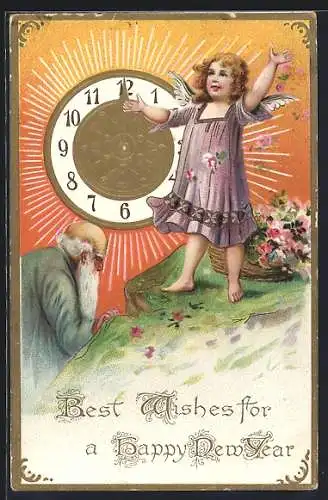 Präge-AK Best Wishes for a Happy New Year, Greis und Engel mit Uhr