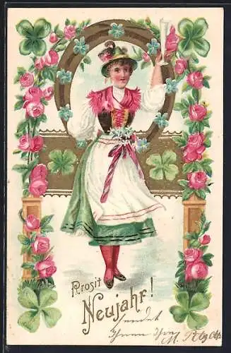 Präge-AK Prosit Neujahr, Dame in Tracht mit Kleeblättern und Hufeisen