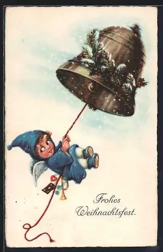 AK Weihnachtsengel schaukelt an einer Glocke im Schnee