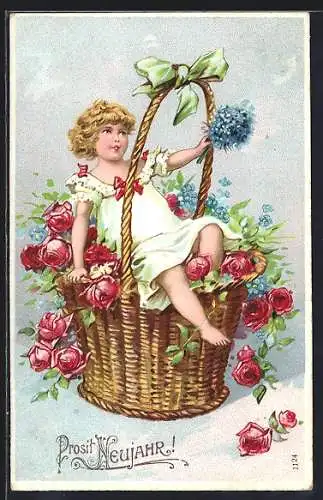 Präge-AK Neujahrsengel sitzt in einem Blumenkorb