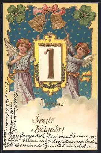 Präge-AK Engel läuten Neujahrsglocken, Kalenderblatt