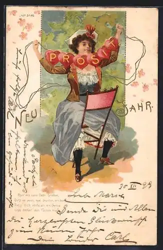 AK Prosit Neujahr, Dame mit Herzen-Girlande