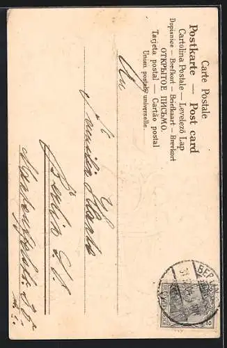 Präge-AK Liebespaar sitzt an einer Standuhr, Prosit Neujahr, Kleeblätter