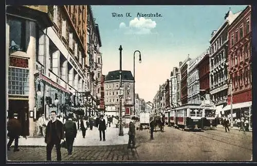 AK Wien IX, Alserstrasse mit Geschäften und Strassenbahn