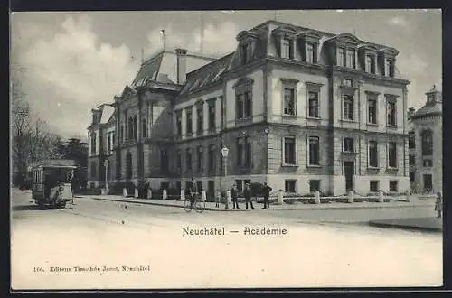 AK Neuchatel, Platz an der Akademie, Strassenbahn