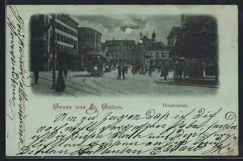 Mondschein-AK St. Gallen, Theaterplatz mit Strassenbahn