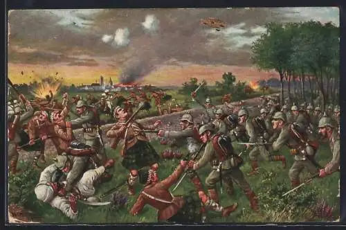 Künstler-AK Völkerkrieg 1914-15, die Bayern erstürmen einen Schützengraben der Engländer bei Ypern am 3. November