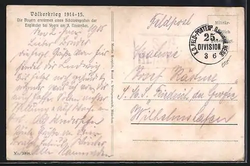 Künstler-AK Völkerkrieg 1914-15, die Bayern erstürmen einen Schützengraben der Engländer bei Ypern am 3. November