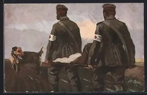 AK Sanitätshund im Felde, Sanitäter tragen Schwerverwundeten