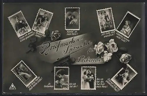 AK Briefmarkensprache für Liebende, mit Fotos, Rosen