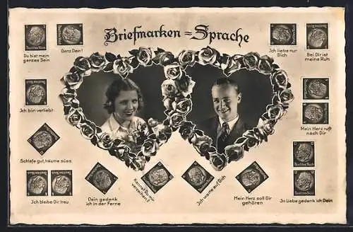 AK Briefmarkensprache, Junges Paar in Rosenherzen