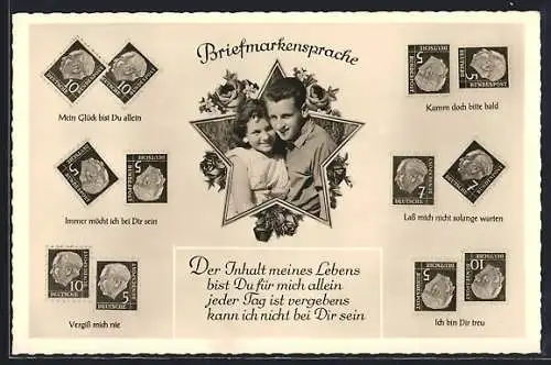 AK Briefmarkensprache, Paar umarmt sich, Gedicht