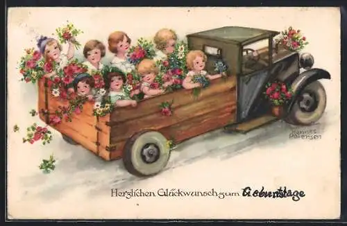 Künstler-AK Hannes Petersen: Kinder mit Blumen im offenen LKW, Namenstagsgruss
