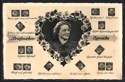 AK Briefmarkensprache, hübsche junge Dame, Herz