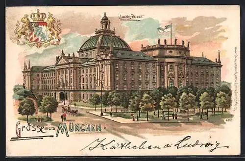 Lithographie München, Justiz-Palast, Wappen