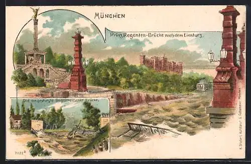 Lithographie München, Prinz Regenten-Brücke nach dem Einsturz, Die eingestürzte Bogenhausener Brücke, Denkmal