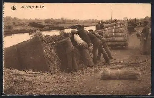 AK Arbeiter stapeln Flachs im Hafen, Landwirtschaft, La culture du Lin